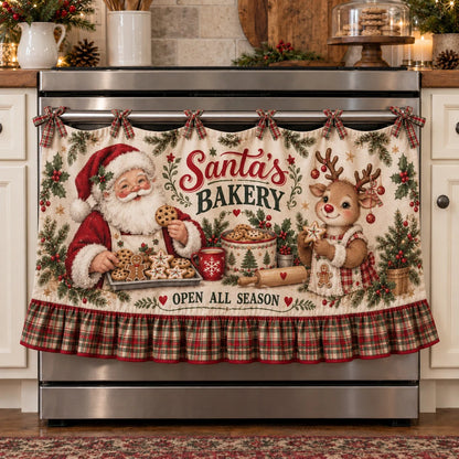 🎅🍪 Santa’s Christmas Bakery Oven Curtain – Cozy Plaid Holiday Kitchen Decor