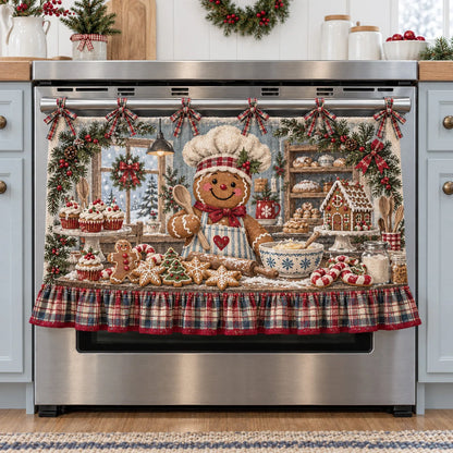 🎅🍪 Santa’s Christmas Bakery Oven Curtain – Cozy Plaid Holiday Kitchen Decor