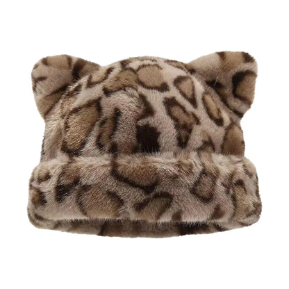 Leopard Print Plush Cat Ear Hat
