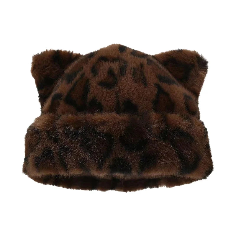 Leopard Print Plush Cat Ear Hat