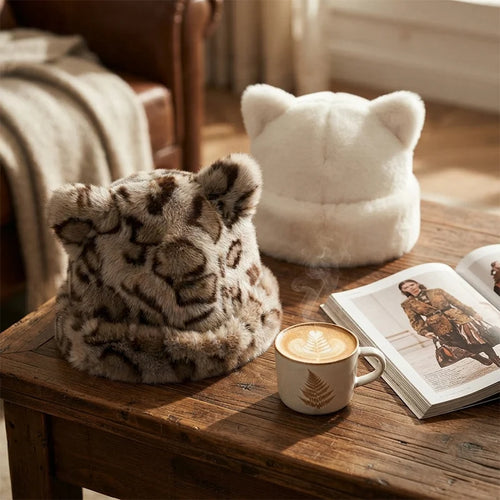 Leopard Print Plush Cat Ear Hat