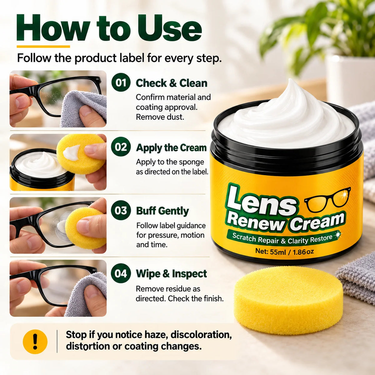 Lens Scratch Repair Cream Set with Sponge for Glasses Goggles Face Shields and Helmet Visors