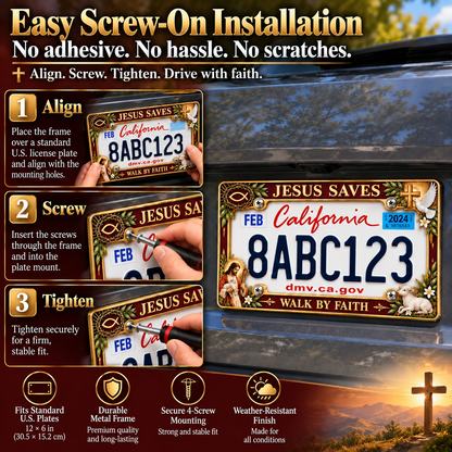 🐑🕊️ “Jesus Saves – Walk by Faith” Jesus Commemorative Metal License Plate Frame