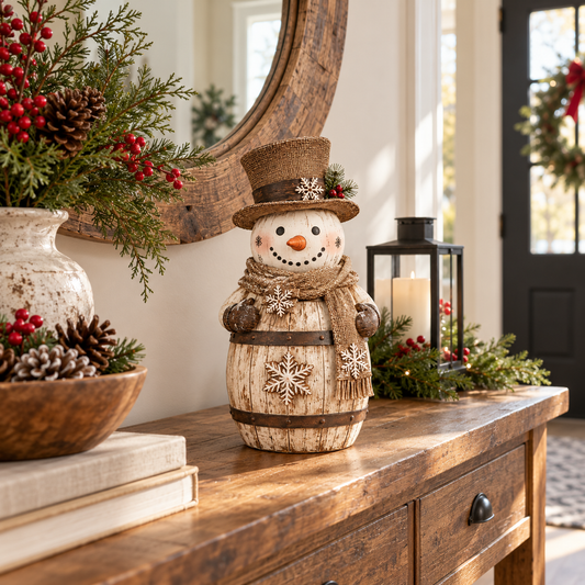 Vintage Whitewashed Barrel Snowman Figurine ⛄🪵 – Rustic Christmas Farmhouse Decor