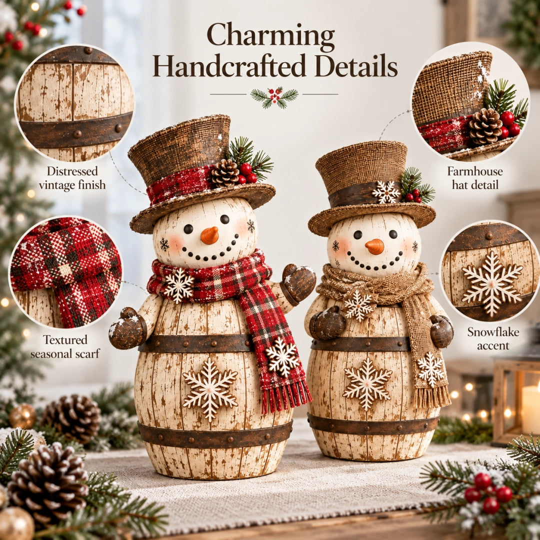 Vintage Whitewashed Barrel Snowman Figurine ⛄🪵 – Rustic Christmas Farmhouse Decor