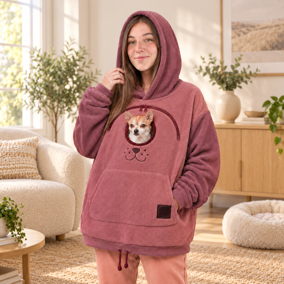 🐾 舒适抓绒宠物互动连帽衫 – 保暖且支撑性好的小型宠物背带服
