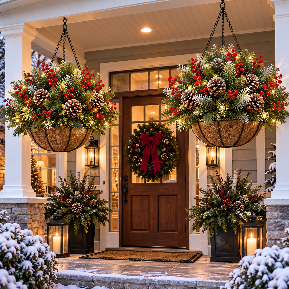 🎄  🏆 Pre-Lit Christmas Hanging Basket | Pre-lit, weather-resistant, and zero maintenance🏆