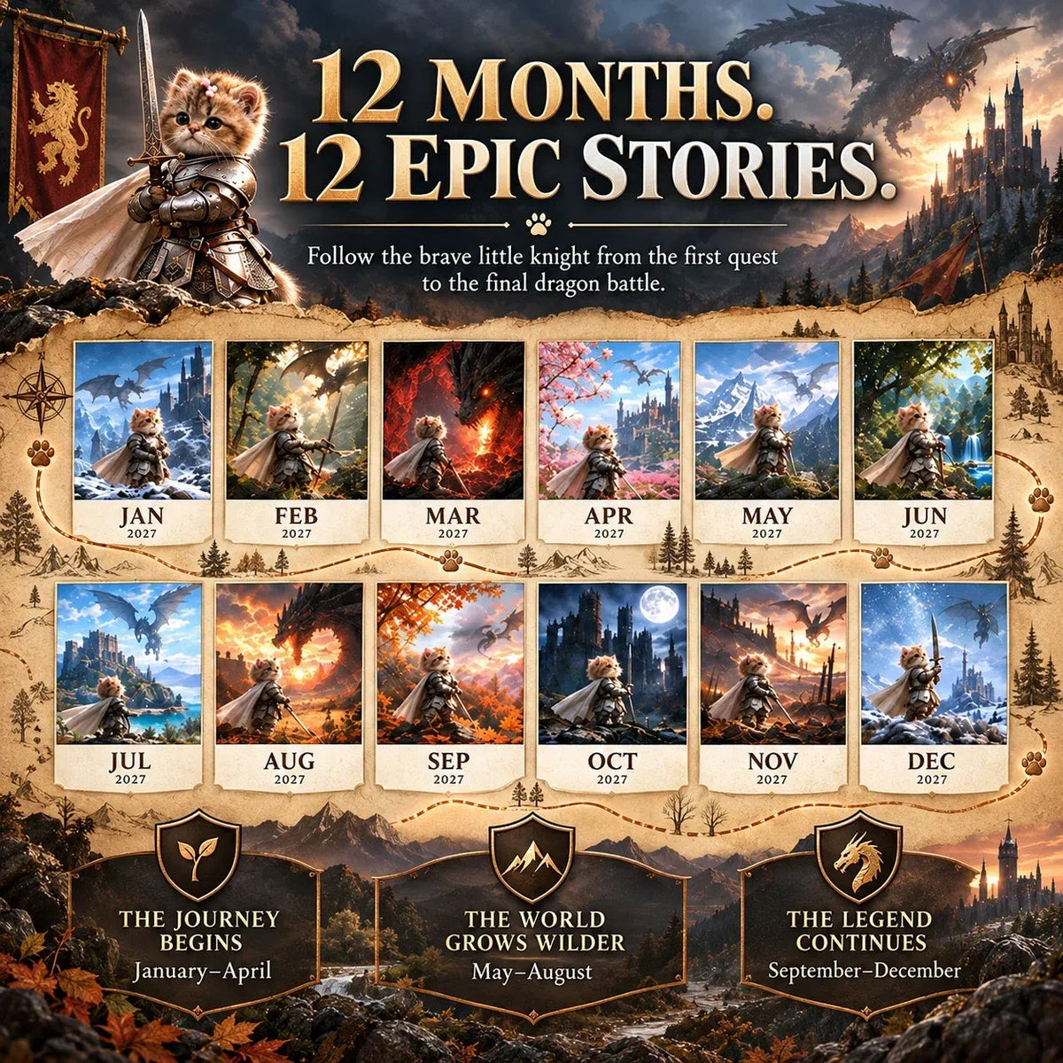 🐱 2027 Knight Cat vs. The Dragon Wall Calendar | 12 Fantasy Scenes