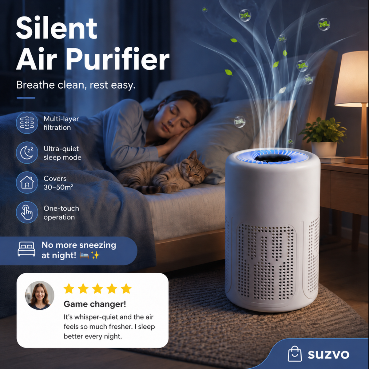 🥳 静音空气净化器——多重过滤，超静音睡眠模式。适用面积30-50m²，一键操作。呼吸清新空气，安心畅睡。告别夜间打喷嚏！🛌✨