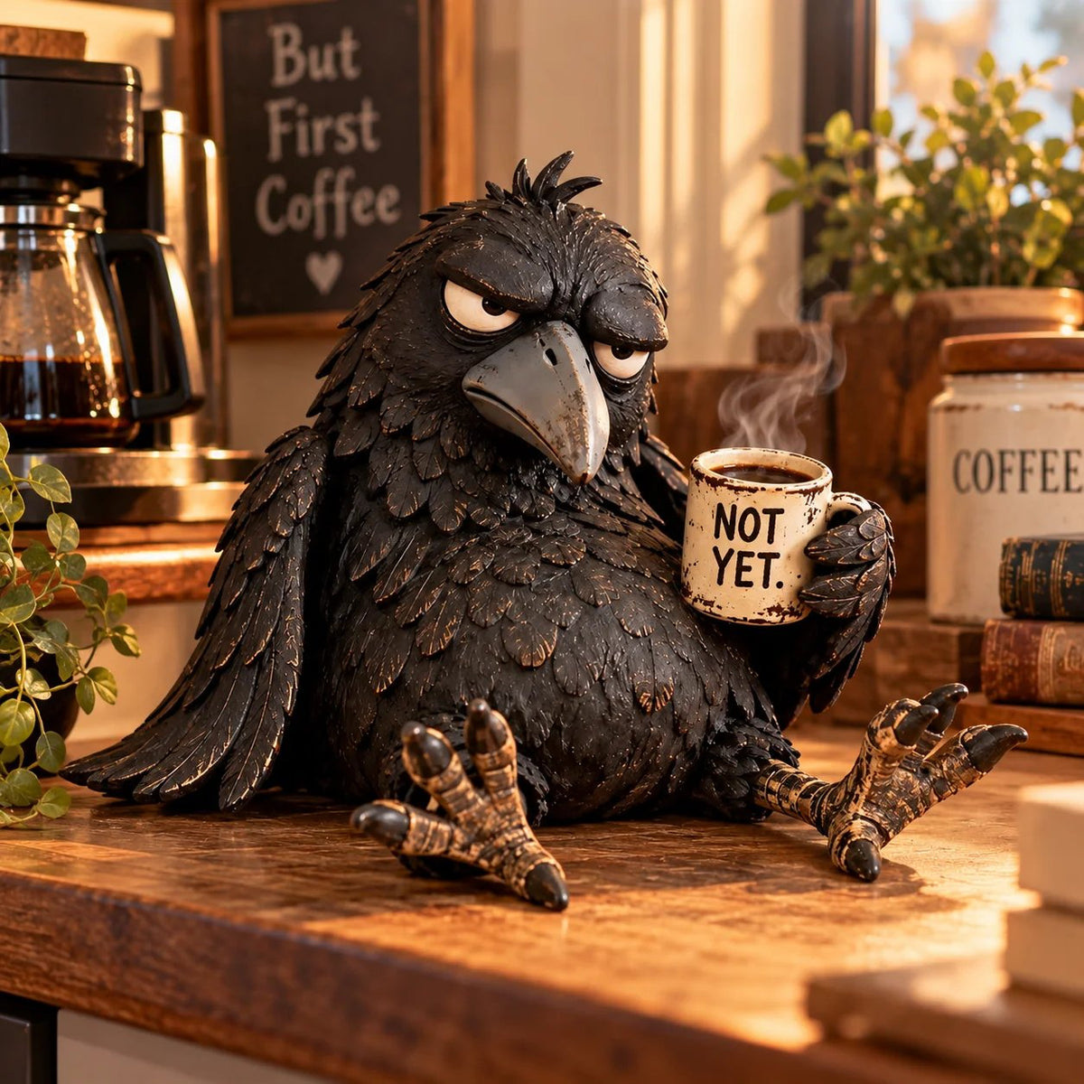 🐦‍⬛☕️暴躁咖啡渡鸦摆件——“还没到时候”趣味晨间装饰✨