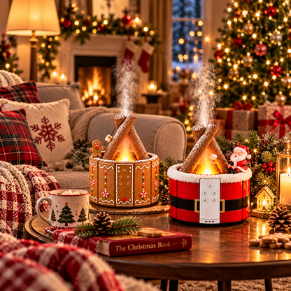 MerryMist Christmas Campfire Aroma Diffuser – Cozy Flame-Style Glow, Festive Mist & Adorable Santa/Gingerbread Designs