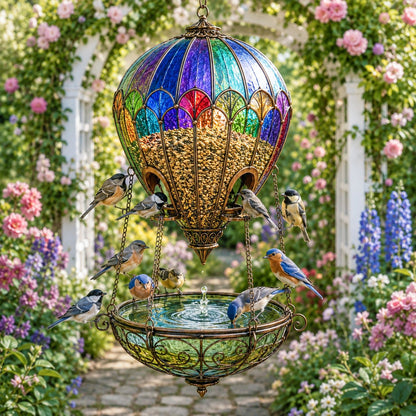 🌈 彩绘玻璃热气球喂鸟器喷泉🐦