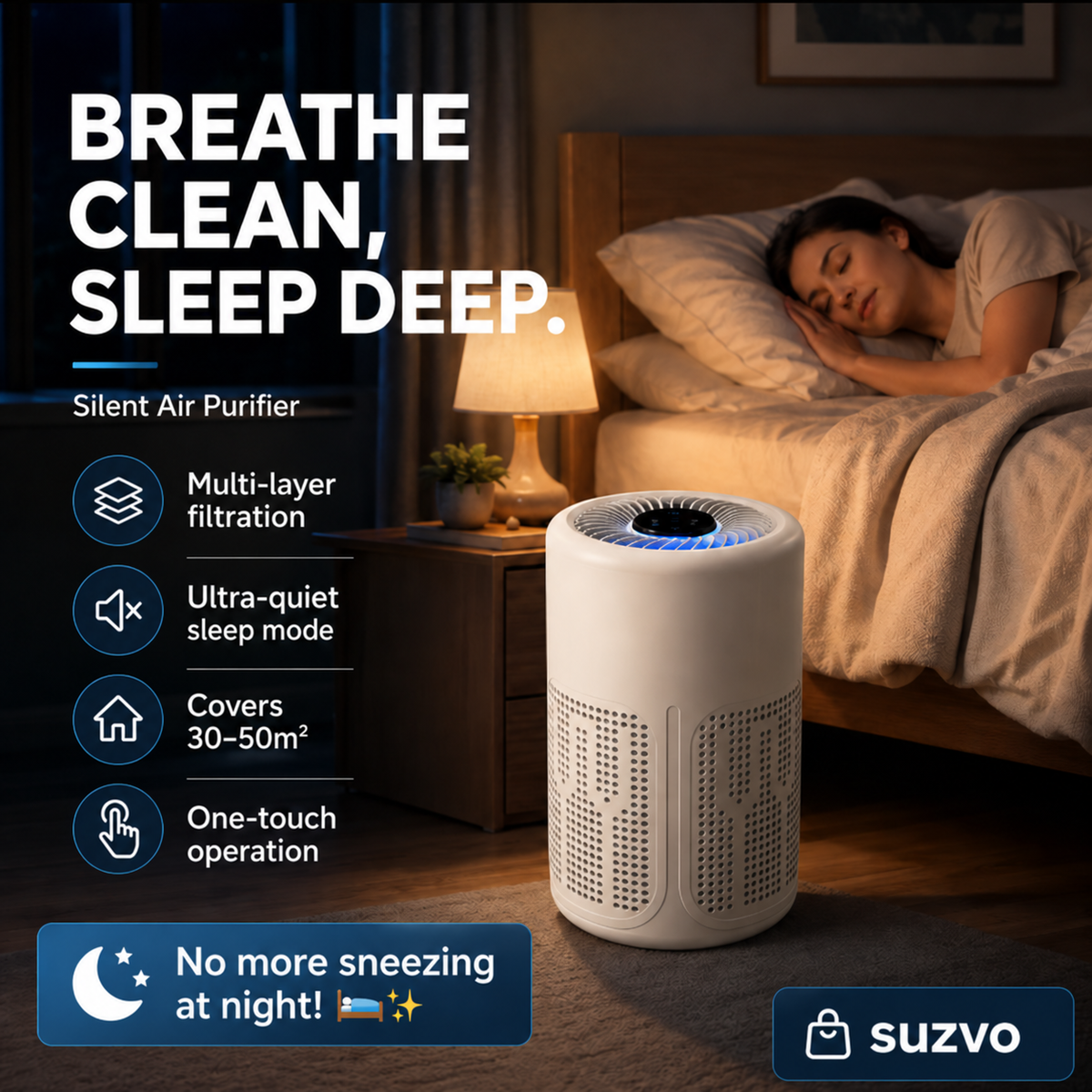 🥳 静音空气净化器——多重过滤，超静音睡眠模式。适用面积30-50m²，一键操作。呼吸清新空气，安心畅睡。告别夜间打喷嚏！🛌✨
