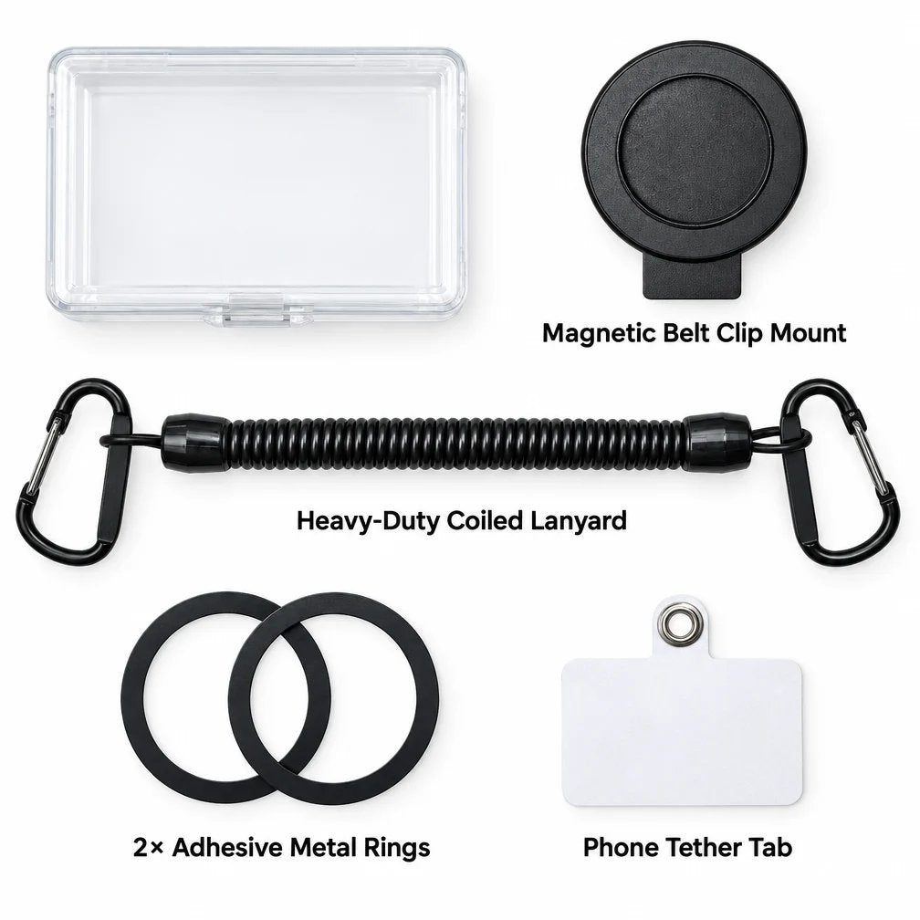 Magnetic Phone Holster 📱 – Quick-Release Belt Mount with Coil Lanyard