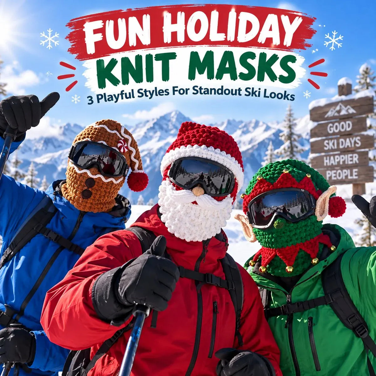 🎅🏂 3D圣诞针织滑雪面罩 | 🌬️保暖全脸罩，3款节日款式，适合滑雪之旅、派对和冬季探险