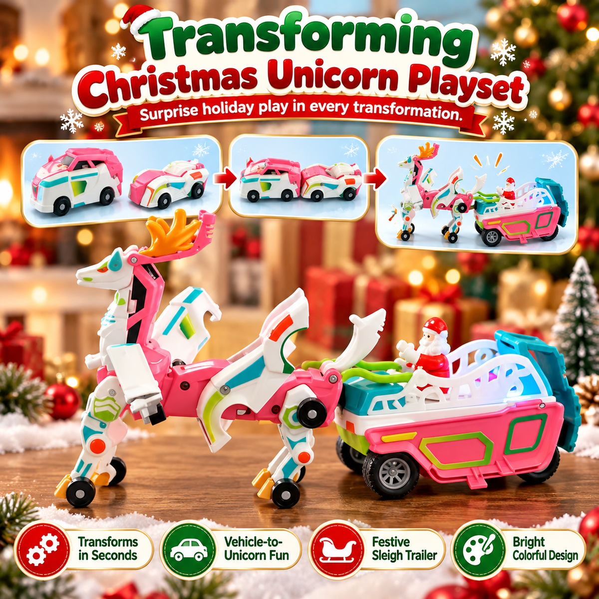 2-in-1 Christmas Transforming Toy | Unicorn and Santa Sleigh, product image 5