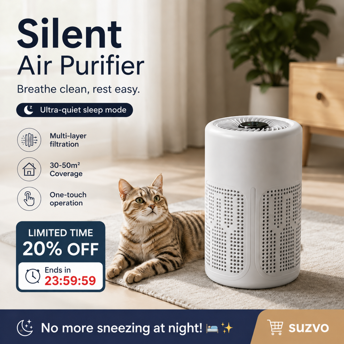 🥳 静音空气净化器——多重过滤，超静音睡眠模式。适用面积30-50m²，一键操作。呼吸清新空气，安心畅睡。告别夜间打喷嚏！🛌✨