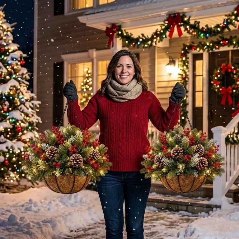 🎄  🏆 Pre-Lit Christmas Hanging Basket | Pre-lit, weather-resistant, and zero maintenance🏆