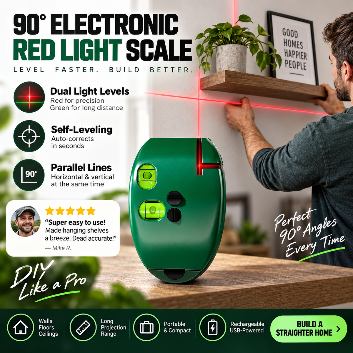 🔧 90° 激光直角仪 – 用于瓷砖、地板铺设及 DIY 的双线精密标线工具