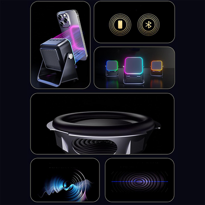 🎵📱 五合一：蓝牙音箱 + 手机支架 + 8种RGB灯光效果 + 360°可调节支架 + 3500mAh电池