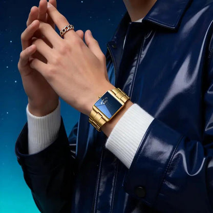 ⌚限时五折！✨男士方形石英腕表——金色不锈钢表带，独特表盘设计，商务休闲时尚手表