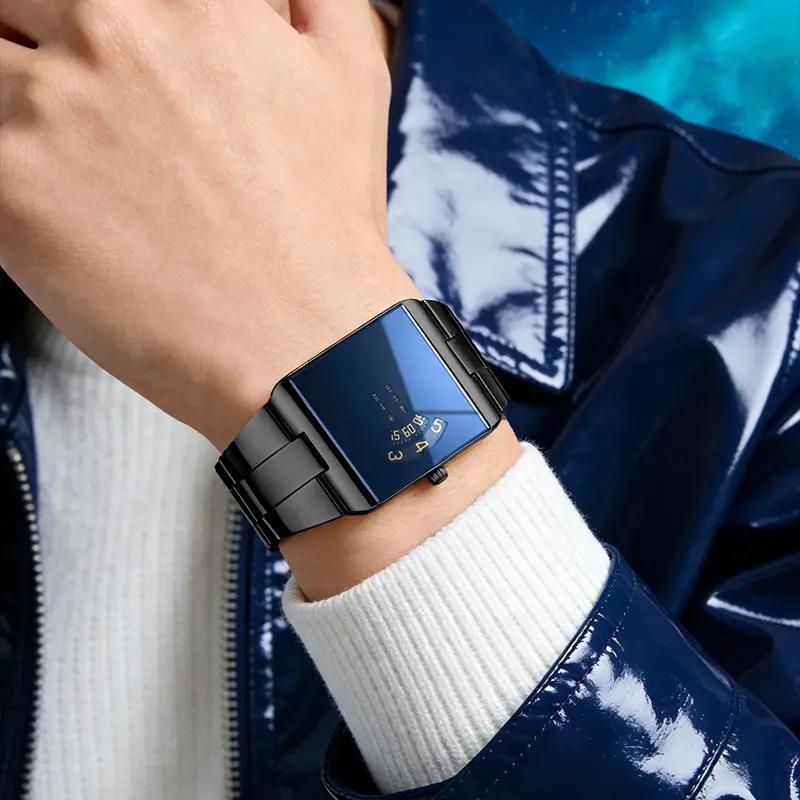 ⌚现在5折优惠！✨男士方形表盘石英手表——金色不锈钢表带，独特表盘设计，商务休闲时尚腕表
