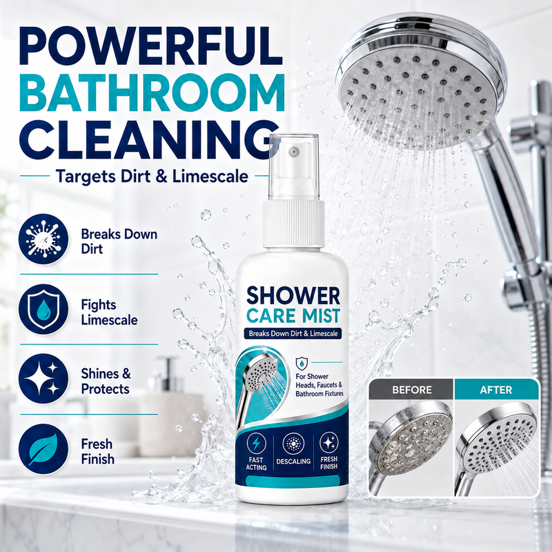🚿✨强力速效淋浴间水垢清洁喷雾——快速溶解顽固矿物质沉积与硬水渍。一喷一擦，焕然如新！🧼💪