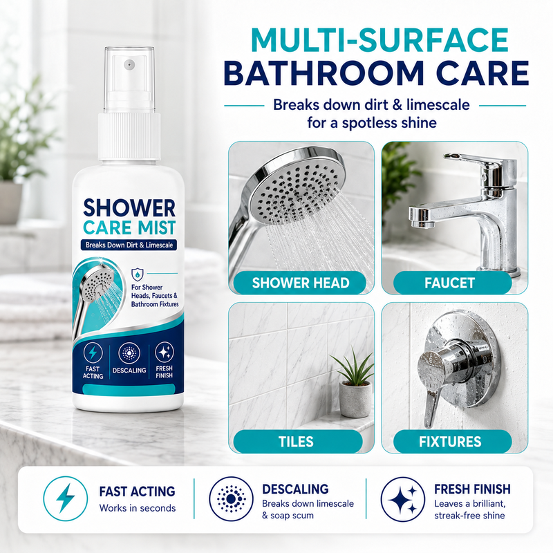 🚿✨强力速效淋浴间水垢清洁喷雾——快速溶解顽固矿物质沉积与硬水渍。一喷一擦，焕然如新！🧼💪