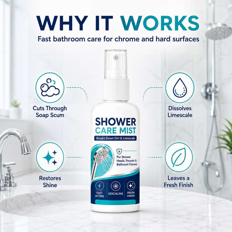 🚿✨强力速效淋浴间水垢清洁喷雾——快速溶解顽固矿物质沉积与硬水渍。一喷一擦，焕然如新！🧼💪