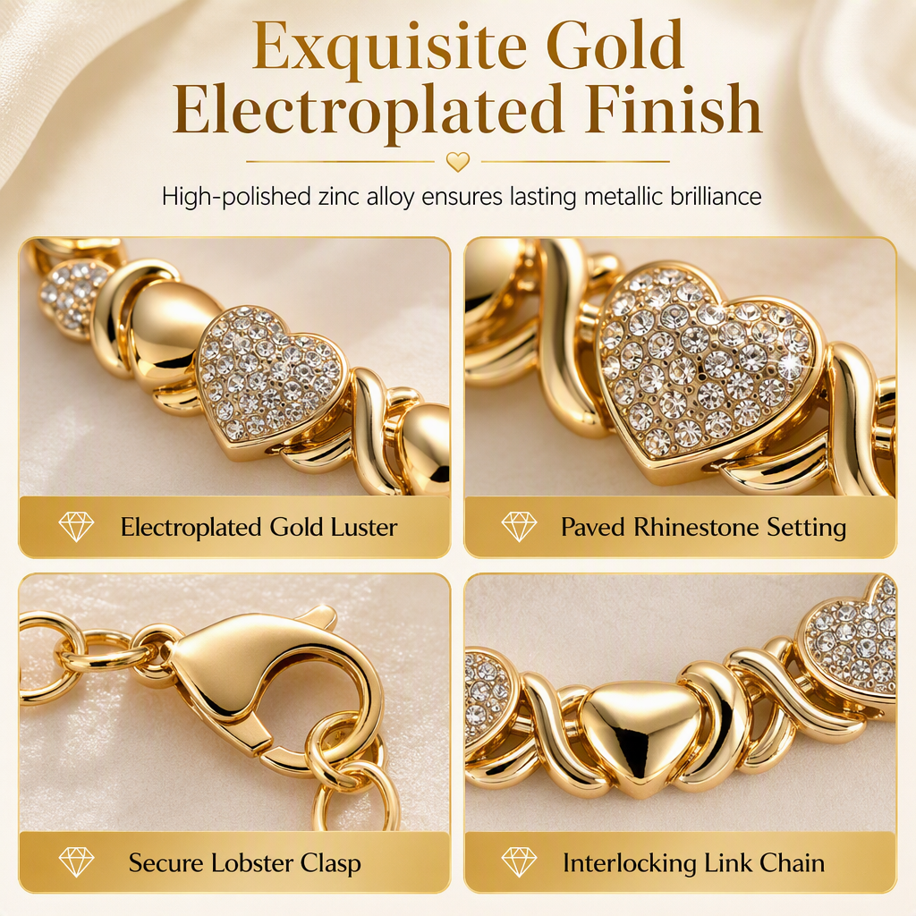💎 50% OFF！✨ 镀金爱心形水钻首饰4件套——项链、耳环、手链和戒指——璀璨水晶光泽，尽显红毯优雅 💛